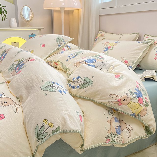 INS Girls Cherry Bedding Set Soft Washed Cotton Bed Sheet Queen King Size Simple Quilt Cover Pillowcase Bed Linens