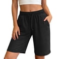 thumbnail image 3 of SOFTCCLO Running Shorts for Women Solid Color Athletic Fitness Knee Shorts Elastic Drawstring Pocket Casual Womens Shorts Black L, 3 of 7