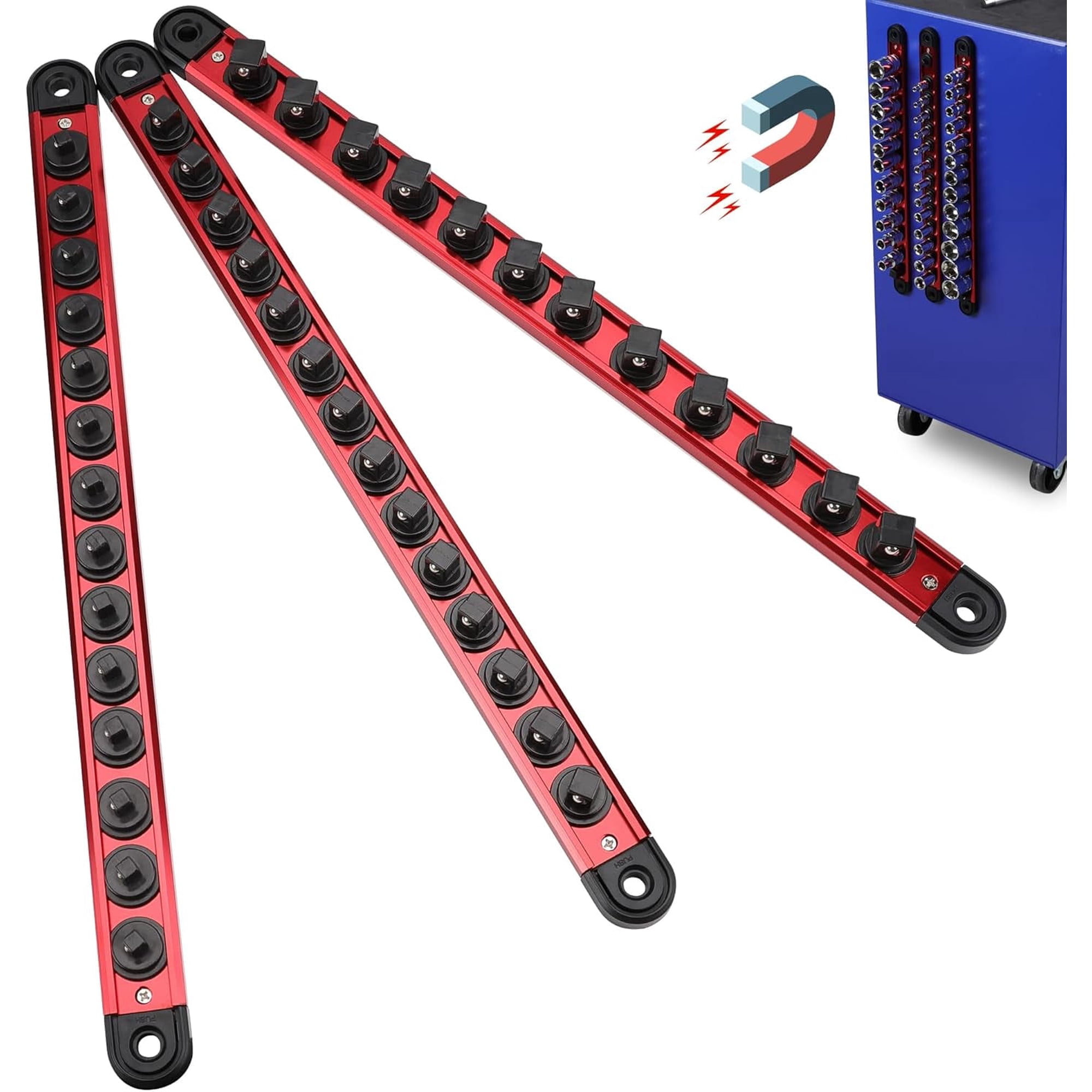 TRINKA Magnetic Socket Organizer 3-Piece Set Detachable Rails Fits 1/4 3/8 1/2 in. Drives Holds 42 Red Garage