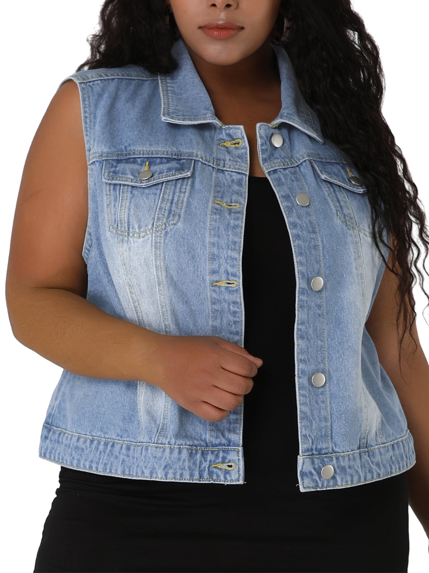 Unique Bargains Juniors' Plus Size Chest Pockets Single Breasted Denim Vest