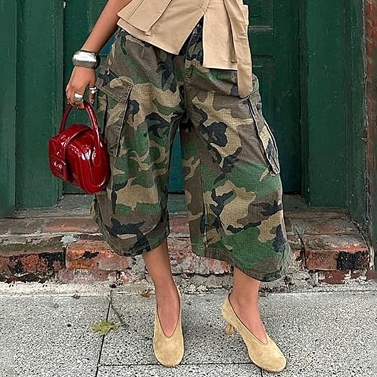 Women Baggy Cargo Jeans Y2k Camo Long Jorts Wide Leg Cropped Denim