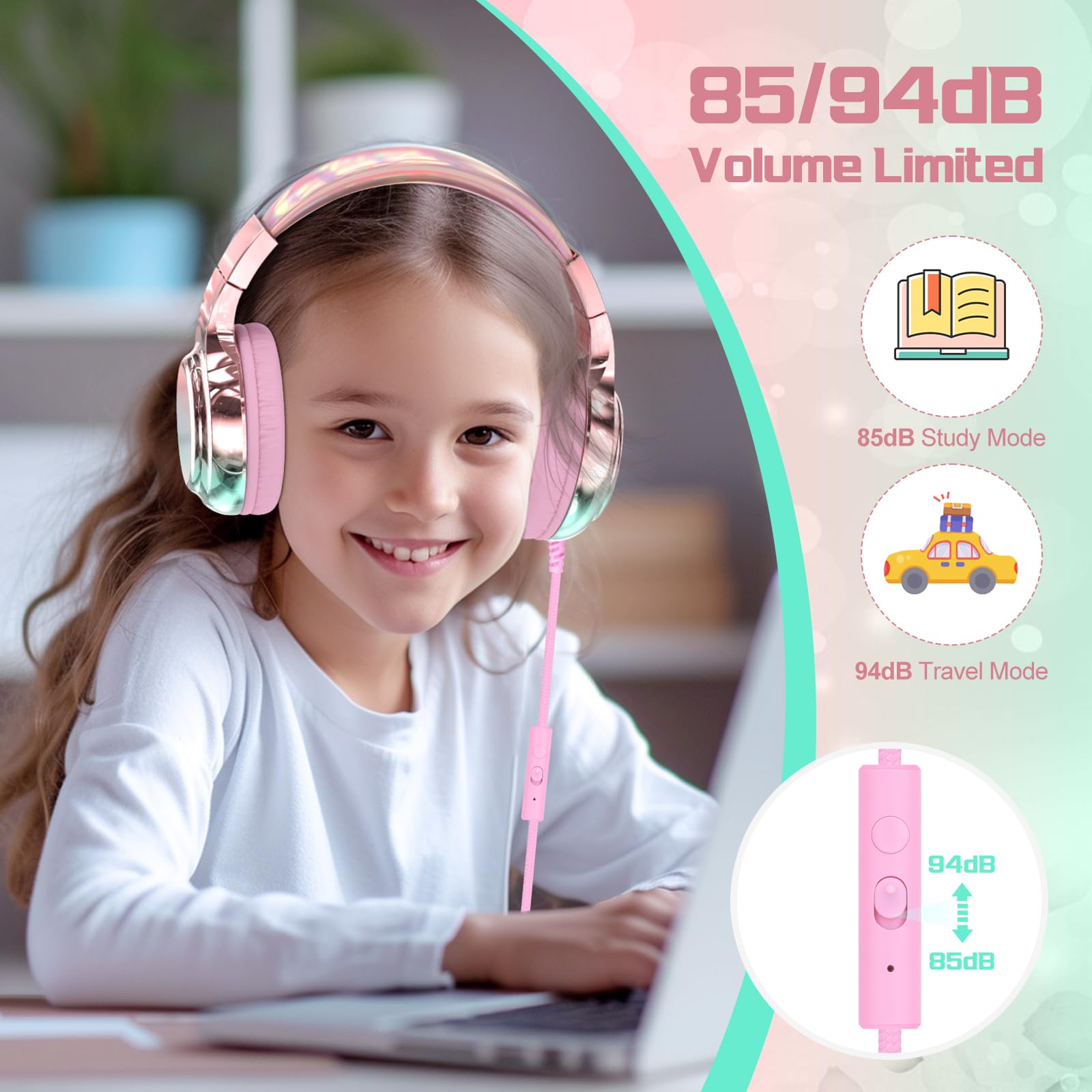 QearFun Kids Wired Headphones with Volume Limit, Pink photo 4