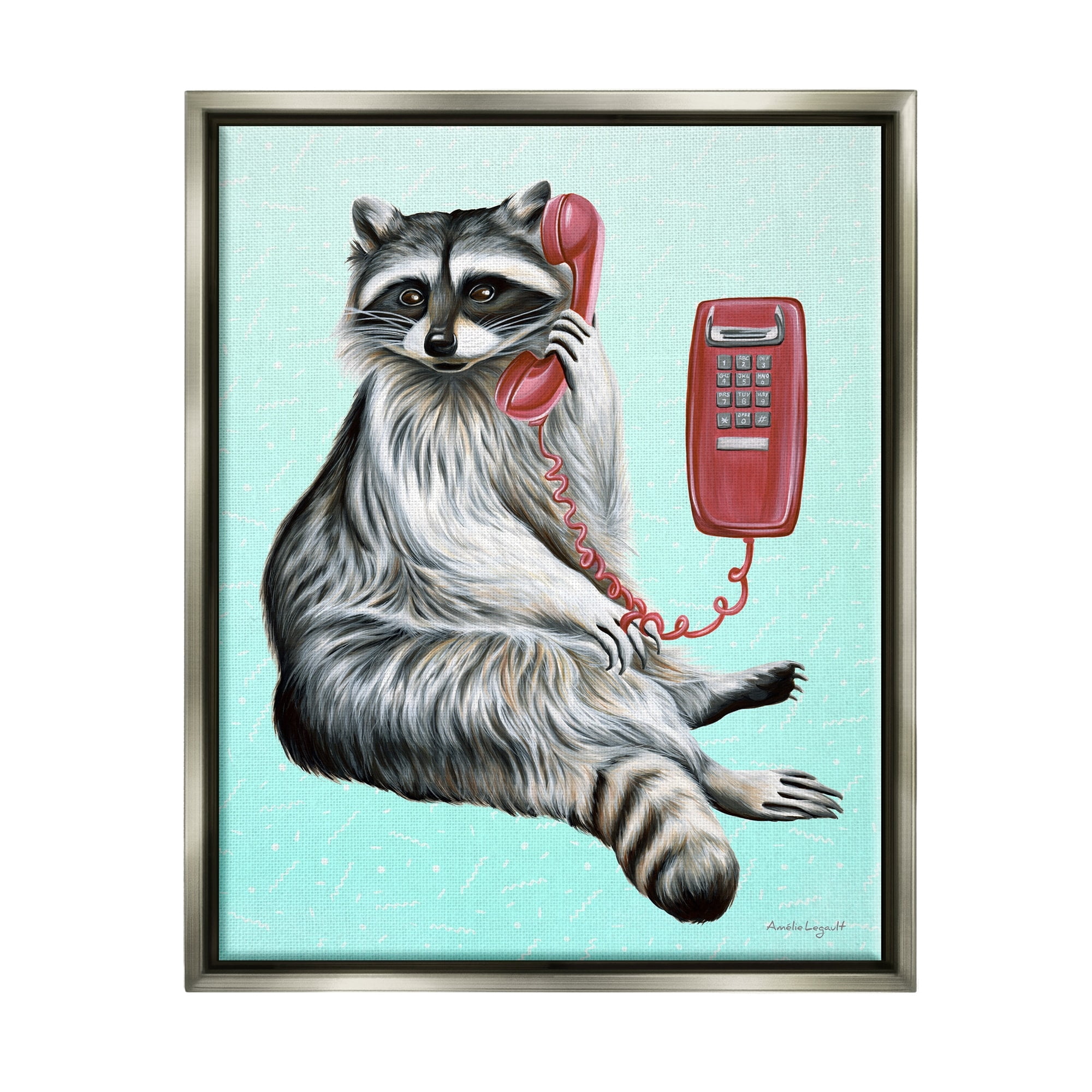 Stupell Industries Raccoon Lounging Cord Phone Vivid Turquoise Background Graphic Art Luster Gray Floating Framed Canvas Print Wall Art, Design by Amelie Legault