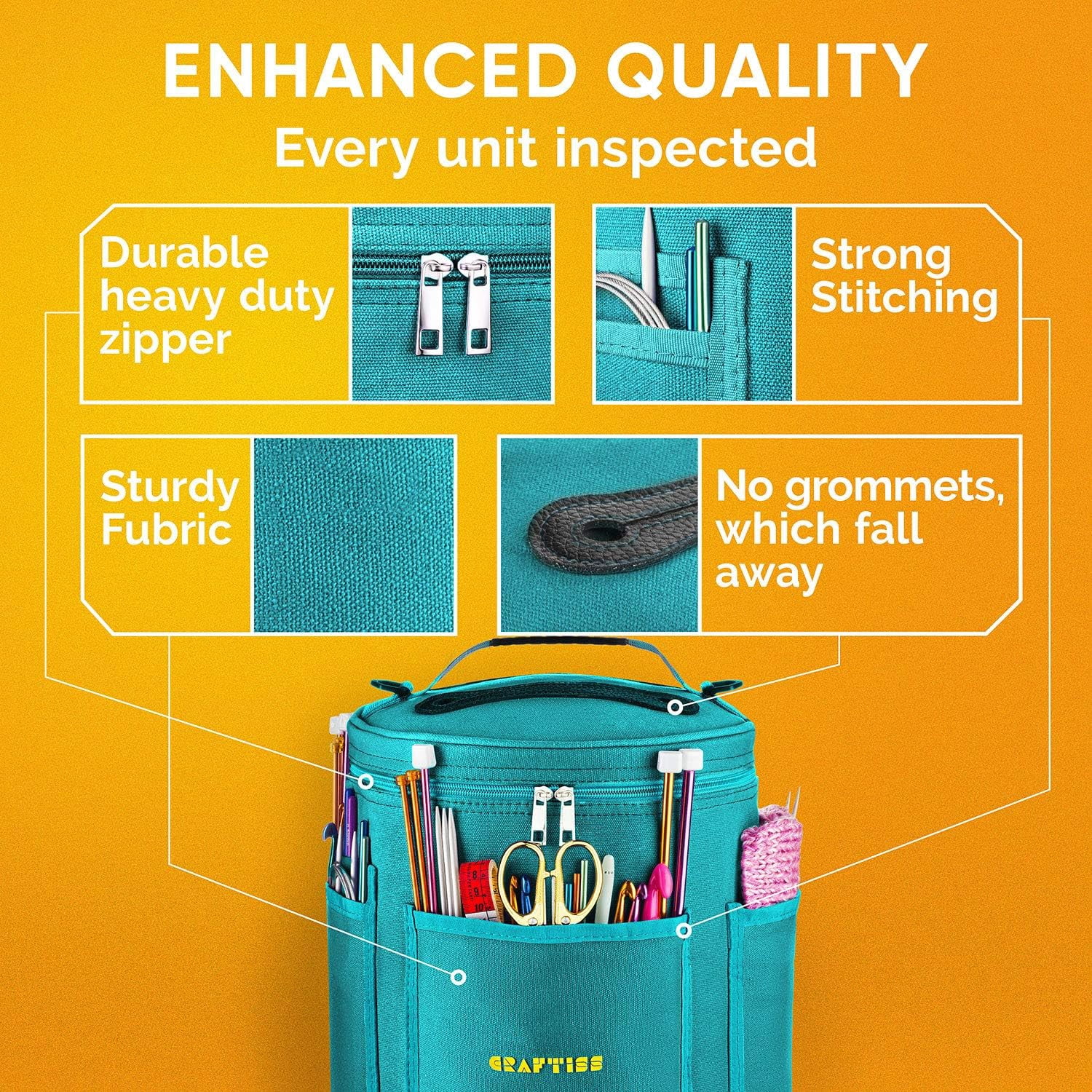 Craftiss Yarn Storage Bag - Turquoise Tote Yarn Bag, Durable Knitting and Crochet Organizer with Needle Case