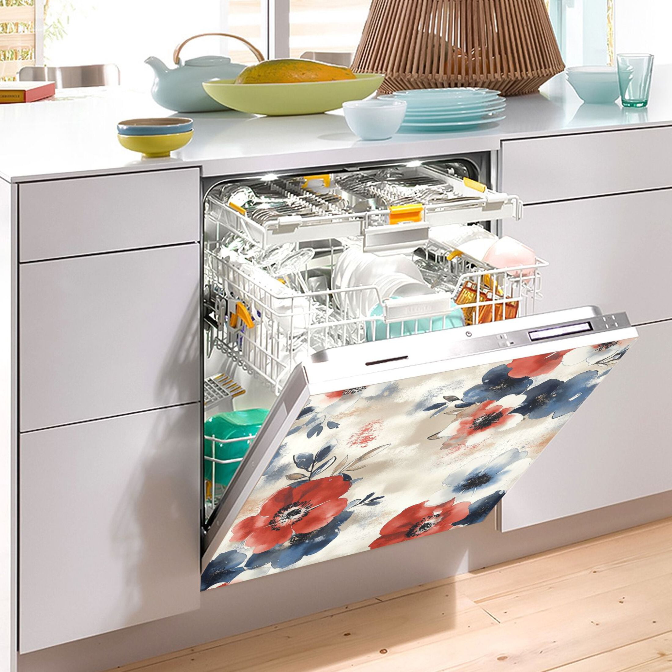 Dishwasher Magnetic Sticker 23x26 Inch Refrigerator Magnetic Sticker Washing Machine Magnetic Sticker Kitchen Panel Magnetic Sticker Home Decor Red and Blue Cartoon Flowers