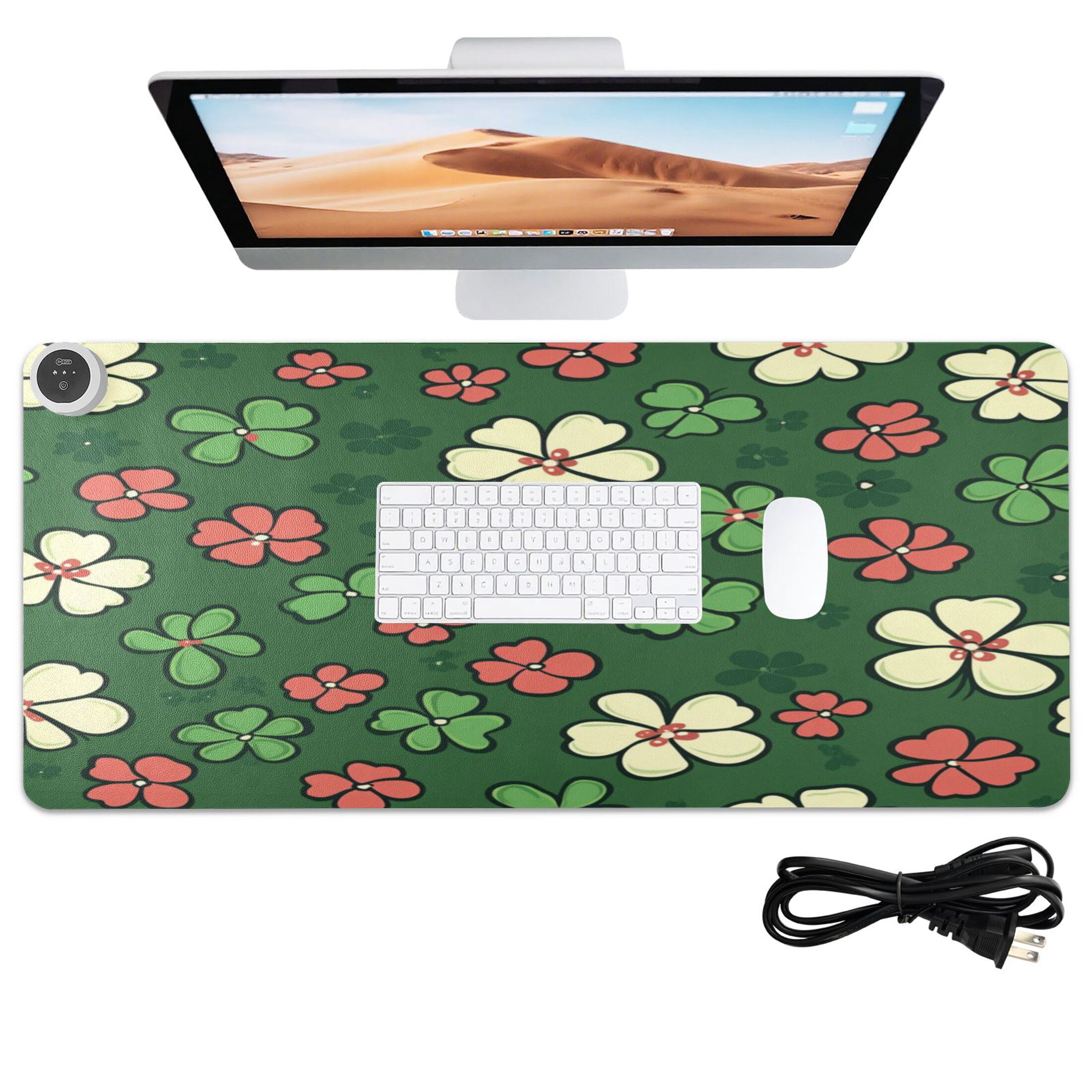 Wobogo Colorful Clovers Heated Mouse Pad Extra-Large Desk Mat With 3 Heating Levels and 3-hour Auto Shut-Off Protection Ideal for Computer Keyboards Home Office Hand-warming Essential 31.5in × 13in