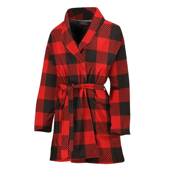 Hot Red Buffalo Plaid Women Bathrobe One Size Univeral Fits, Checkered Caro Plaid Tartan Fashion Lightweight Plush Fleece Long Robe For Women