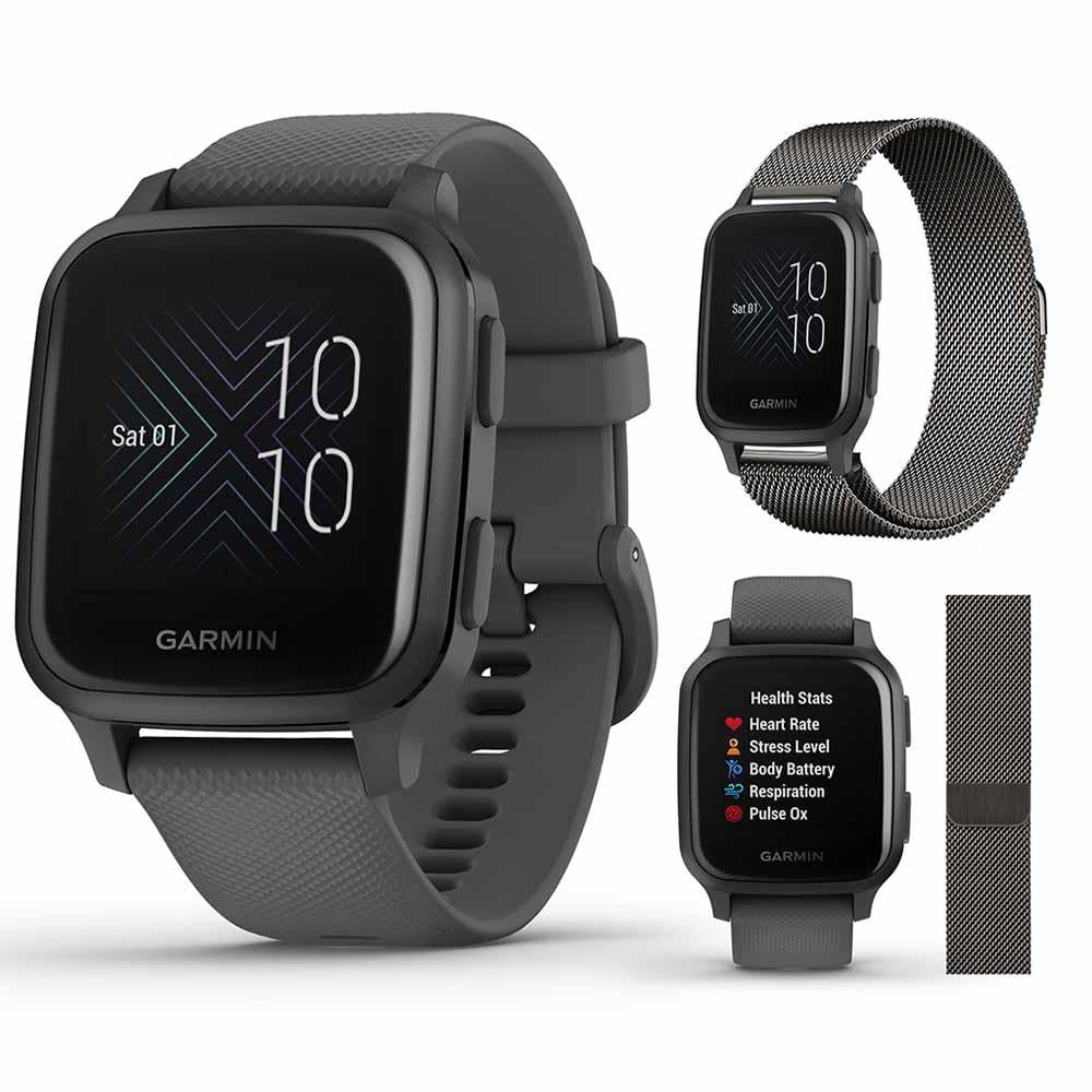 Garmin Venu Sq Music Fitness GPS Smartwatch (Black/Slate) Bundle with Extra  Metal Band (Milanese Silver)