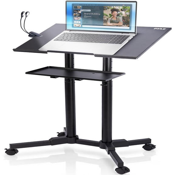 Pyle Lectern Podium Stand – Adjustable Height Mobile Presentation Podium with Top & Bottom Shelf, LED Reading Light, Locking Wheels, Portable Rolling Desk for Classrooms