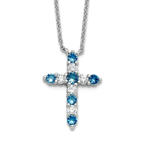 925 Sterling Silver Rhodium Plated Blue CZ December Religious Faith Cross With 2inch Extension Necklace 15.06mm Wide Pen