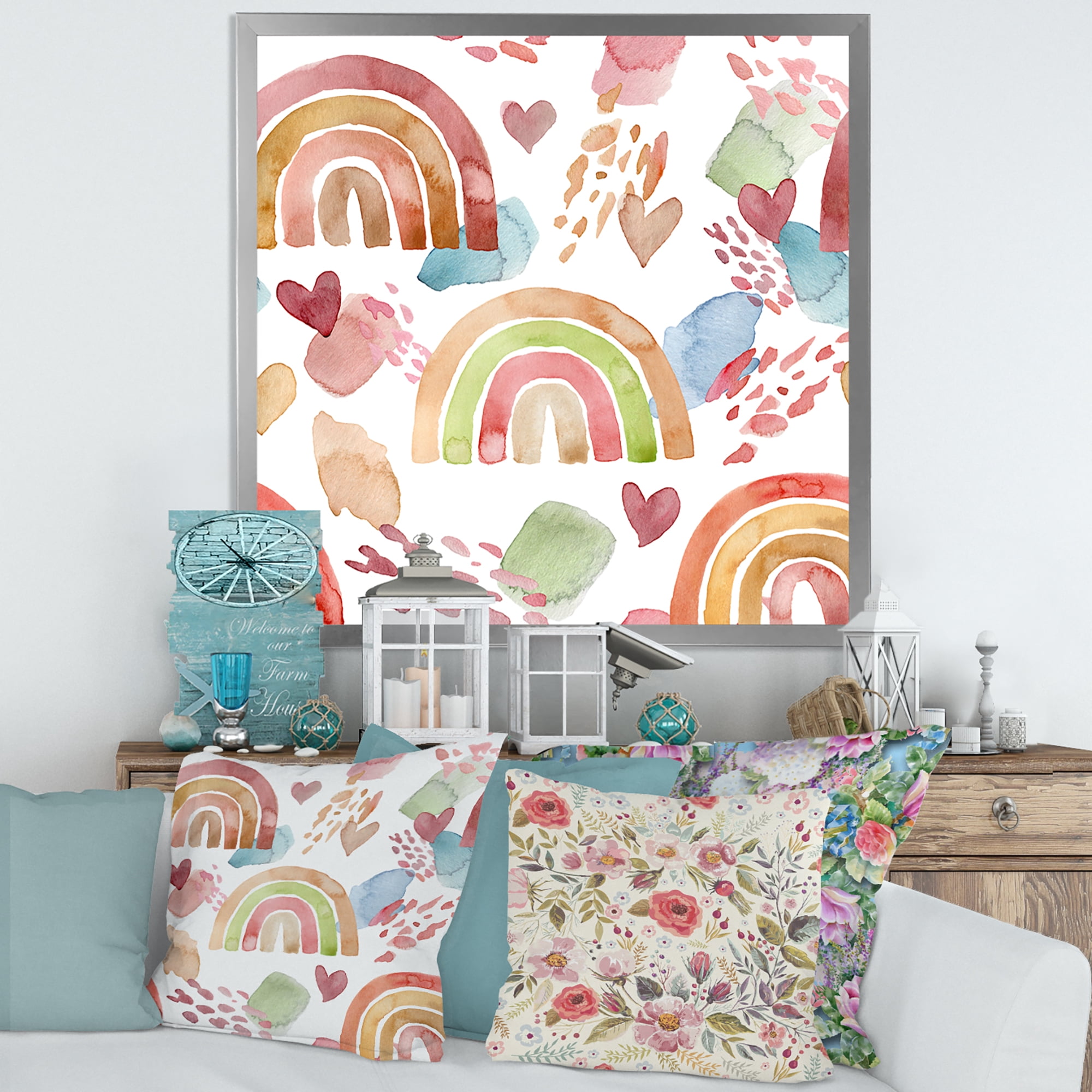 Designart 'Multicolored Rainbows Hearts and Clouds' Children's Art Framed Art Print