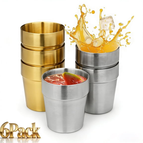 10oz Stainless Steel Cups, Stackable Insulated Double Wall Steel Drinking Cups Set of 4, Water Tumblers Bulk for Juice, Coffee and Beer - Silver and Gold