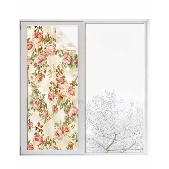 Window Privacy Film Pink Rose Stained Glass Window Film Decorative Sun Block Window Cover Vintage Pastoral Farmhouse Flowers Floral Window Clings Static Adhesive Sticker for Bathroom 29.5"x78.7"