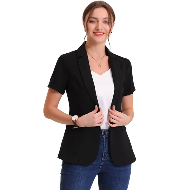 Chaqueta de traje de oficina con 1 botón y manga corta para mujer Negro S