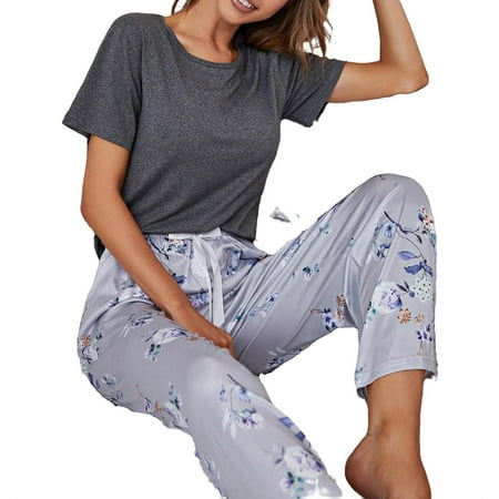 

2pcs Set Elegant Floral Print Round Neck PJ Pant Sets Short Sleeve Women s Pajama Sets (Women s)