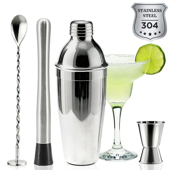 Professional 304 Stainless Steel Cocktail Shaker Set, 26oz Shaker with Jigger, Bar Spoon & Ice Muddler - Complete Bartending Kit for Beginners