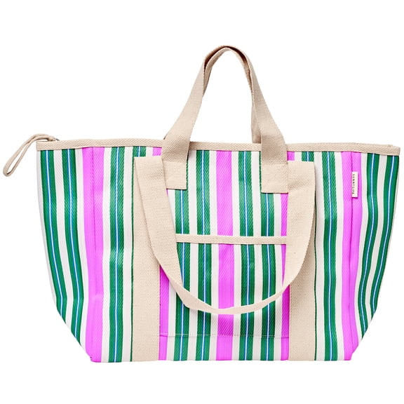 Sunnylife: Recycled Nylon Cooler Tote - Seagrass Green & Pink Stripe - 6 Gallon, 23x7x13" Zip Bag, Insulates Hot-Cold, Food-Drinks, Beach-Pool-Picnic