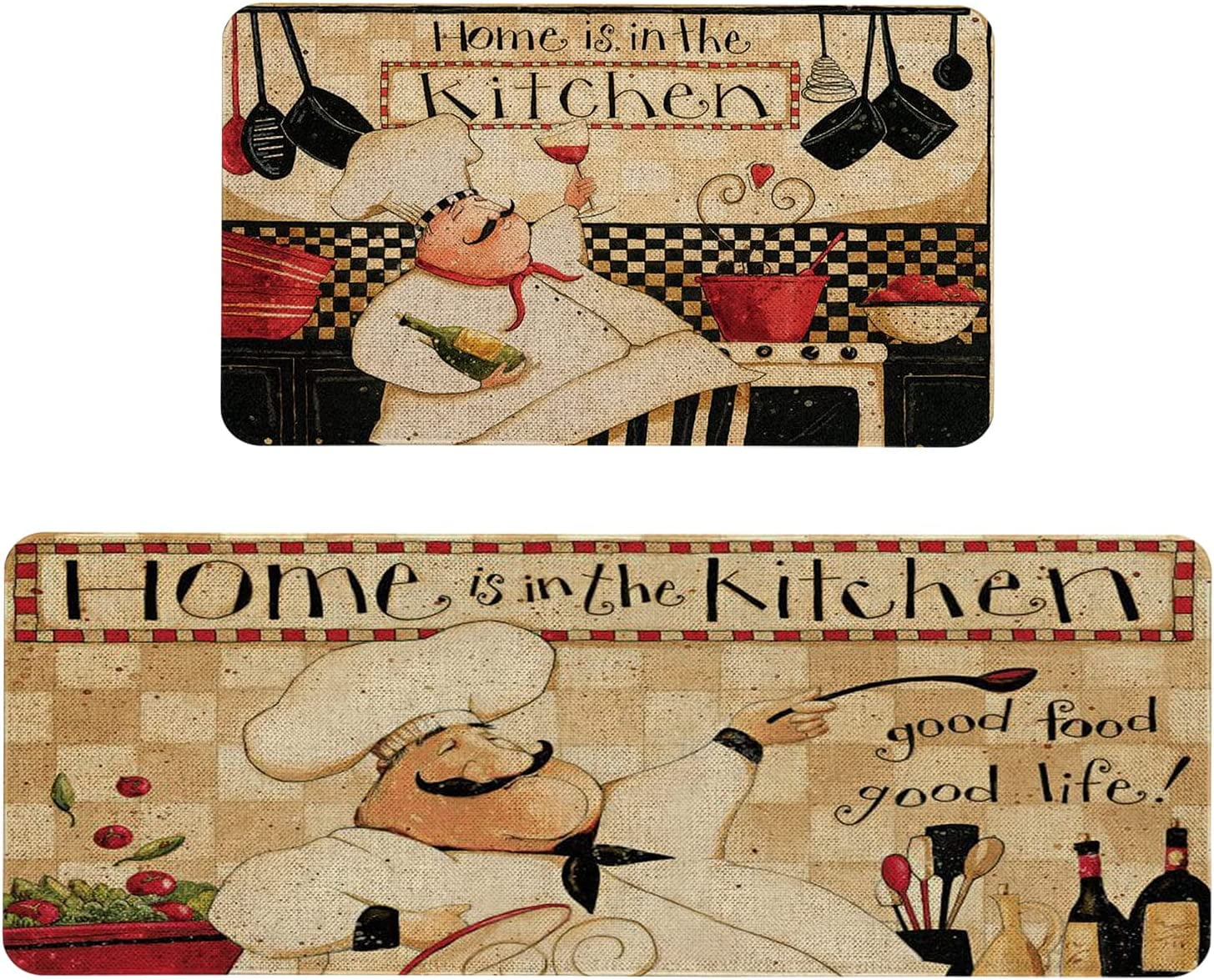Fat Chef Kitchen Rugs and Mats Sets of 2,Red Kitchen Decoration Rugs