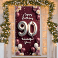 thumbnail image 5 of Wine Red 90th Birthday Banner Metallic Number Birthday Backdrop Floral Decoration Sparkling Accents Milestone Background for 90th Birthday Party Senior Celebration Family Gathering, 5 of 9