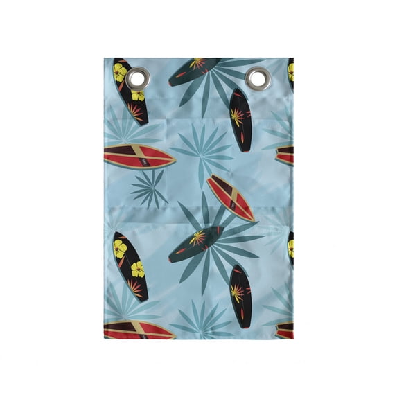 Surfing Hanging Pocket Organizer, Surfboards in the Sea with Palm Tree Silhouettes Ocean Summer Hawaiian, Printed Polyester Storage Bag with Pockets, 14" x 20", Blue Black and Red