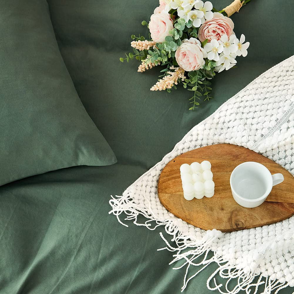 Green Duvet Cover Twin Size 100% Washed Cotton Solid Color Bedding Set 2Pcs Simple Modern Soft Lightweight Breathable Comforter Cover