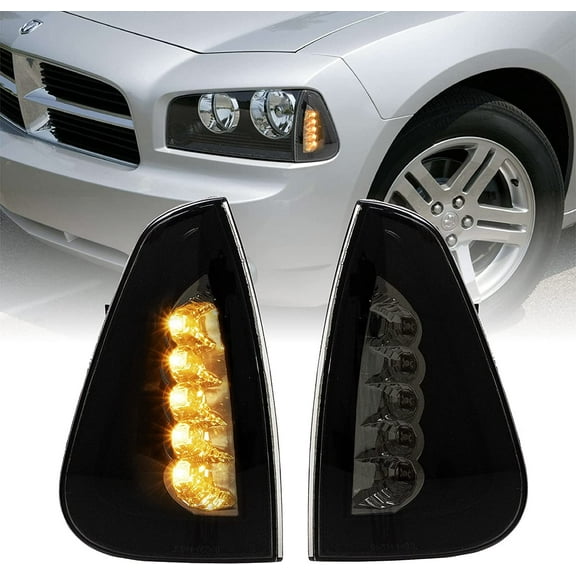 USR DEPO Charger Turn Signal Lights - < LED UPGRADE > Black / Smoke Front LED Corner Lamps (Left   RIght) Compatible with 2006-2010 Dodge Charger Sedan (Smoked Lens, Plug and Play Amber LED)