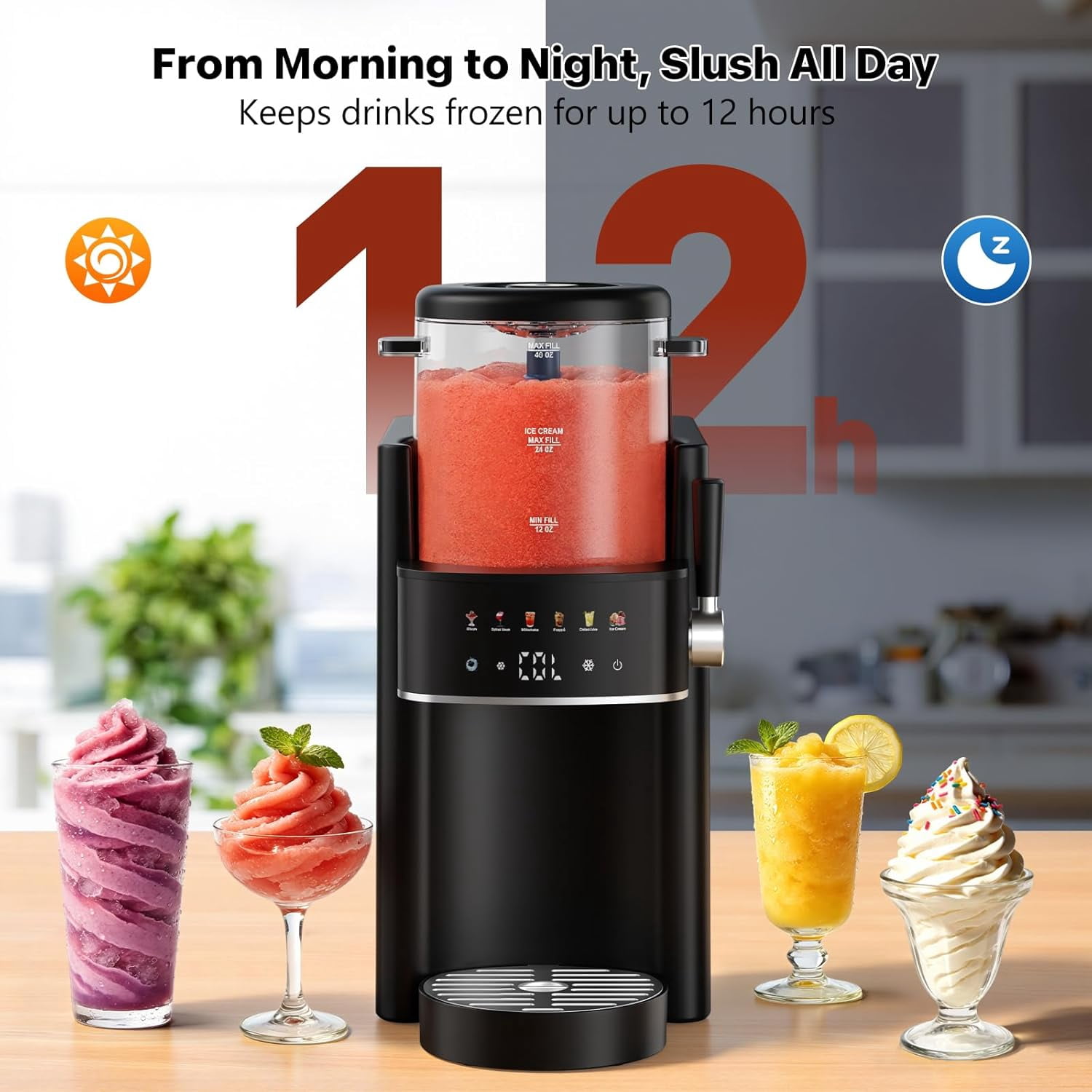 Slushie Machine, Electric Ice Cream Maker with Rapid Cooling & Temperature Control, Multi-functional Frozen Drink Maker for Margarita Frappe Cocktail, Easy Clean Household Slushy Maker Black