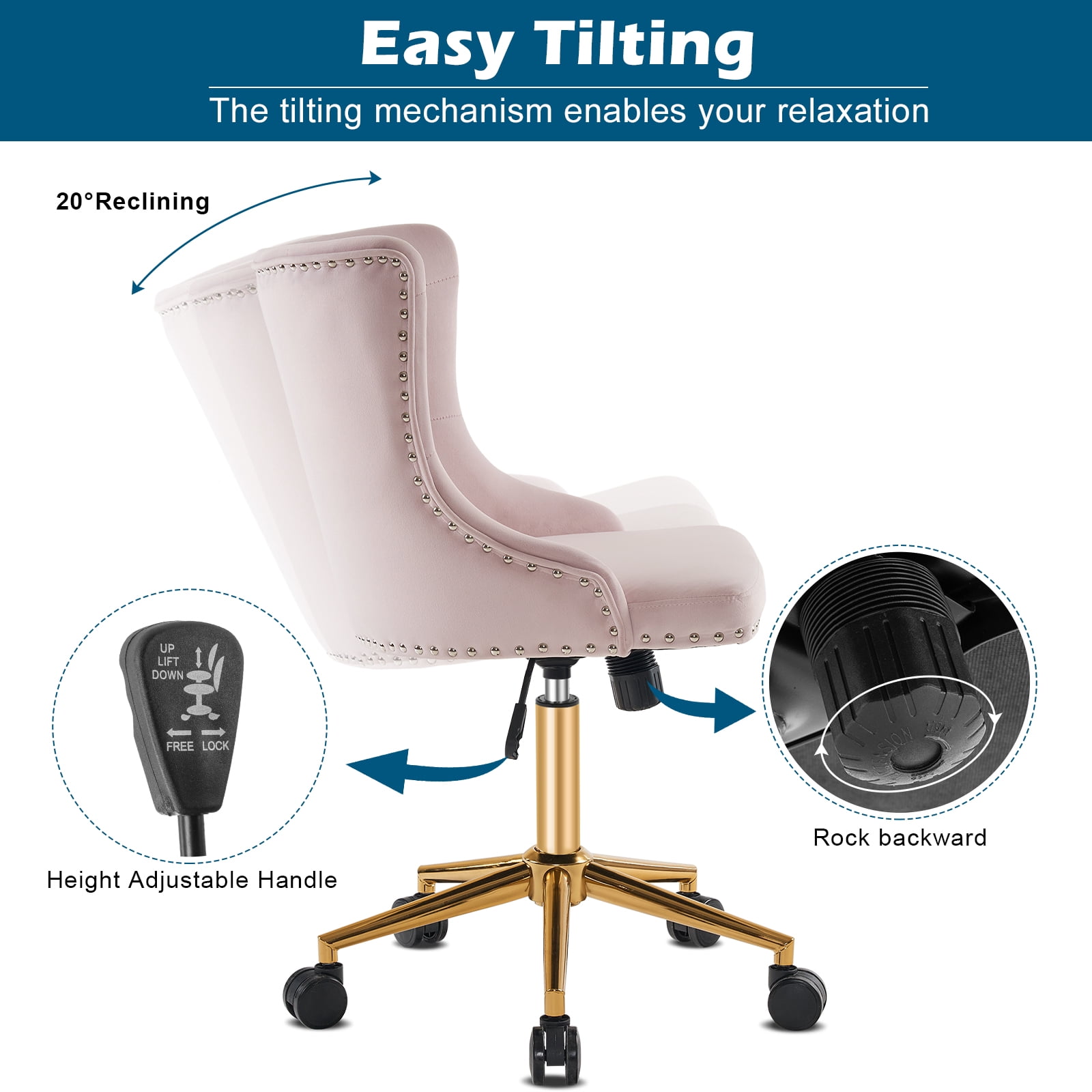 UBesGoo Armless Office Chair Flannel Computer Task Chair Adjustable Swivel Vanity Chair with Ergonomic Backrests and Wheels for Conference and Home Light Pink & Gold