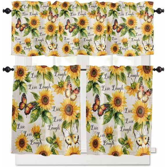 Sunflower Spring Kitchen Curtains Set, Farmhouse Butterfly Vintage Tier Curtain 24 Inches Length, Live Love Laugh Floral Valance and Tiers Set Window Treatment Decor for Bedroom/Living Room