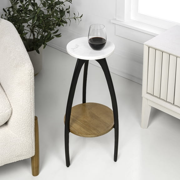 JONATHAN Y Ollie 24.5" Designer Farmhouse Metal Tripod Drink Table and Decorative End Table with White Marble Round Top and Wood Undershelf, Black/Natural, END3001A