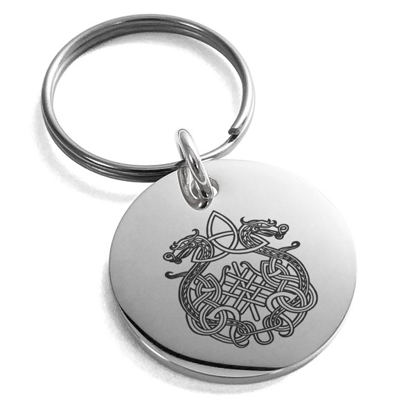Stainless Steel Dragon Knot Skuld's Net Viking Rune Engraved Small Medallion Circle Charm Keychain Keyring