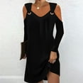 thumbnail image 2 of IROINNID Long Sleeve Dress for Women Mid-Length Fit&Flare Dress V-Neck Cold Shoulder Long Sleeve Button Metal Buckle Solid Dresses,Black, 2 of 6