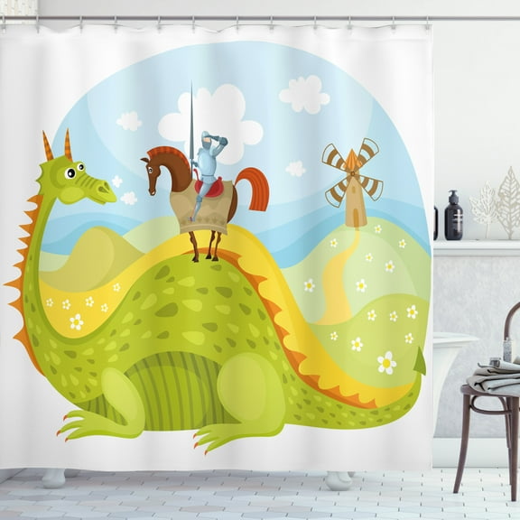 Ambesonne Cartoon Shower Curtain, Knight and His Horse, 69"Wx84"L, Apple Green Sky Blue