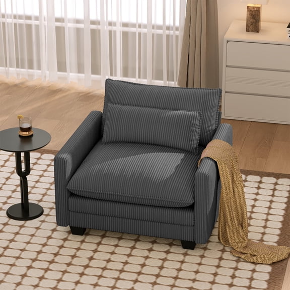 Comfy Cloud Corduroy Single Accent Chair with Thick Memory Foam Cushion, Removable Washable Zipper Cover & Plush Arm Pillow, Indoor Leisure Sofa for Bedroom Balcony Living Room, Gray