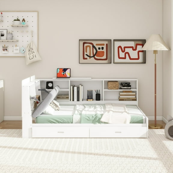 Wood Twin Size platform bed with Storage Headboard, Shelves and 2 Drawers, White