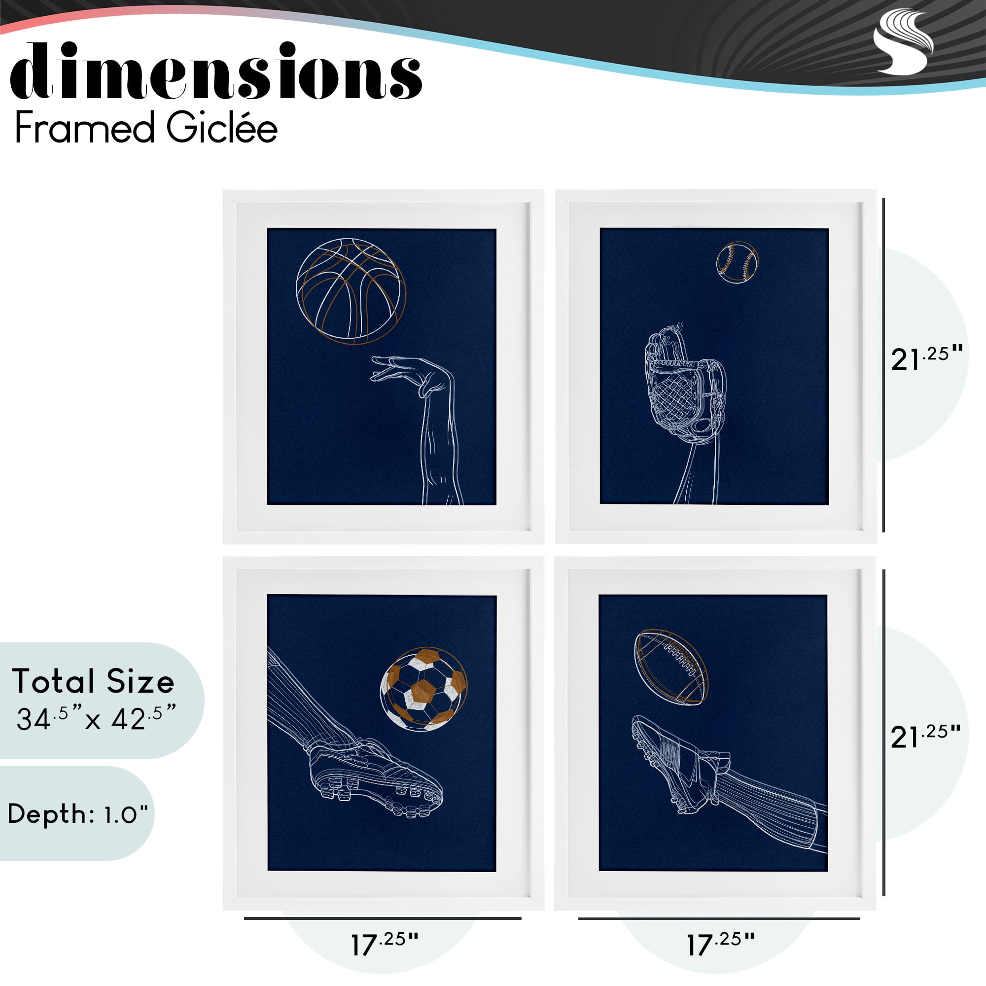 Stupell Industries Sports In Action Contour 4 Piece White Framed Print Under Glass Set, design by Marcus Prime