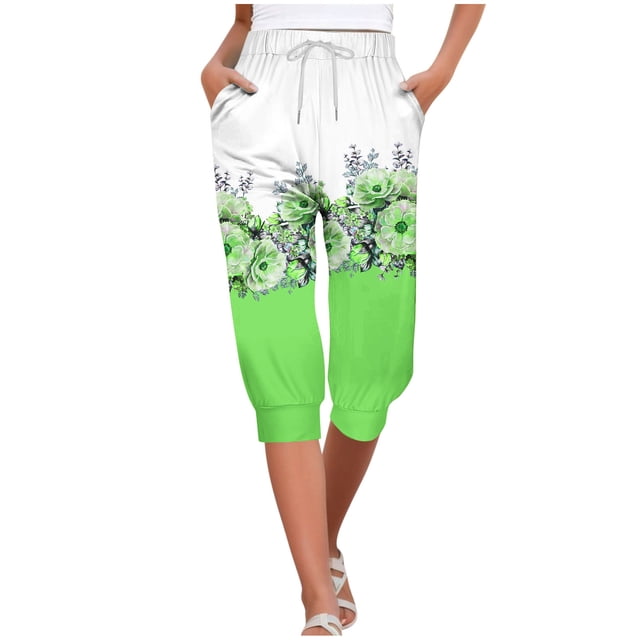 Mujeres Capri Pantalones Elástico Corbata Cintura Suelta Ajuste con Bolsillos, Casual Y Cómodo Pantalones de Cintura Elástica para las Mujeres