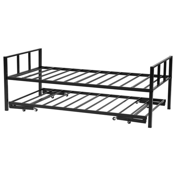 KFFKFF Twin Size Metal Daybed Frame with Trundle, Sturdy Platform Bed Frame with Slat Support, Ideal for Living Room, Bedroom, or Guest Room, Easy to Assemble, Black