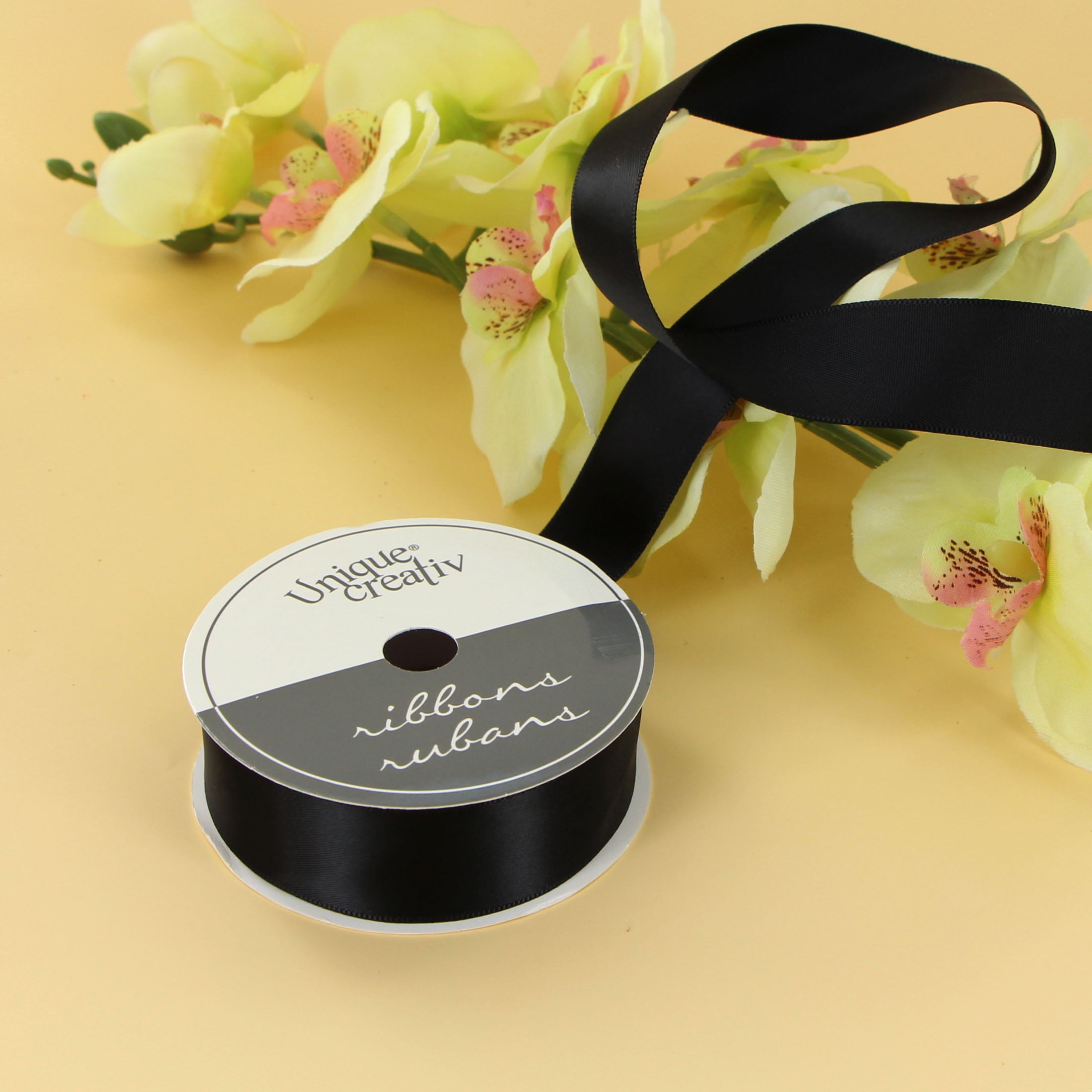 UNIQUE CREATIV, Ribbon, Single Face Satin, Black, 100% polyester, 25mm x 5.5m ( ⅞" x 6 yds)