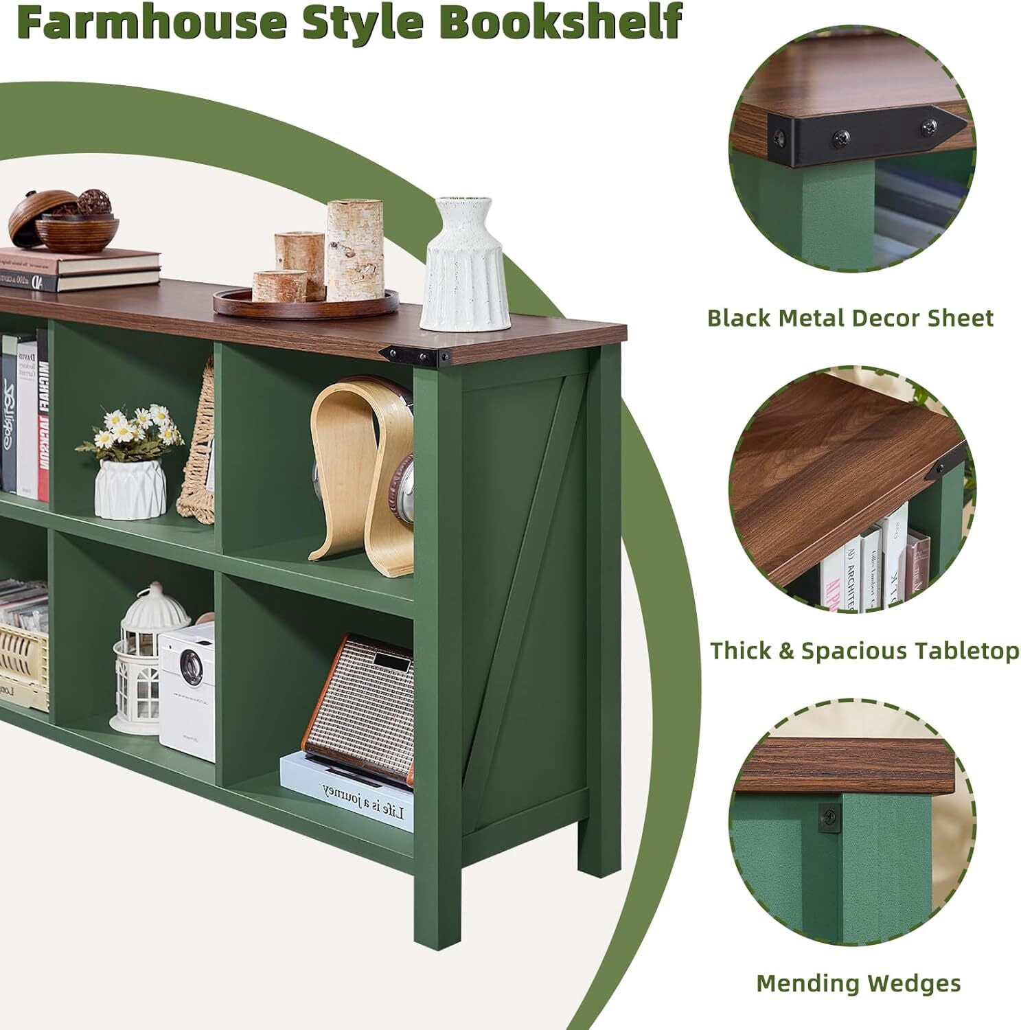 Joaxswe 6 Cube Storage Organizer, Farmhouse Green 47.2'' Wide 2 Tier Display Book Shelf, Wooden Cube Bookcase for Living Room, Bedroom, Office