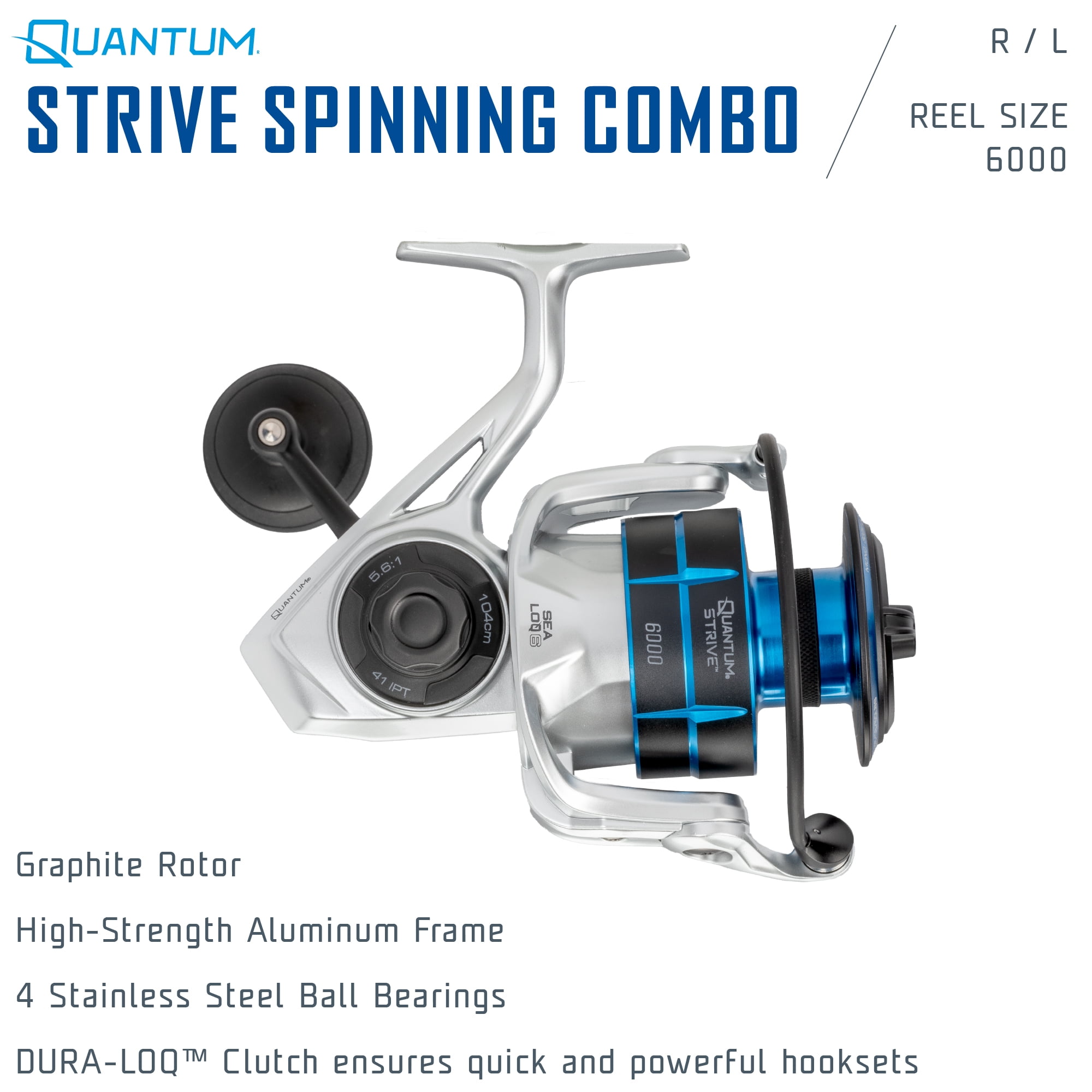 Quantum Strive Spinning Reel & Fishing Rod Combo, 7-Foot, 1-Piece, Medium-Heavy Power, Moderate-Fast Action Rod, Graphite Composite Blank, Size 6000 Reel, 4+1 Bearings, 5.6:1 Gear Ratio, Silver/Blue