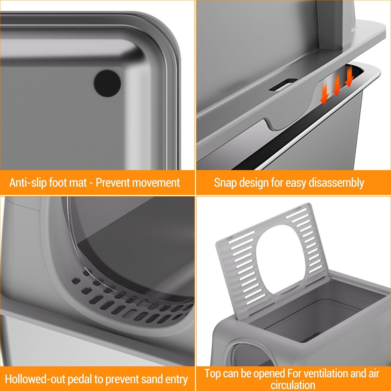 XL Enclosed Stainless Steel Cat Litter Box - Large 60x40x38cm Litter Box, 20L Capacity with Lid and Scoop, Double Entry Design, Hygienic and Odor-Free for Large Cats, Grey,3PCS