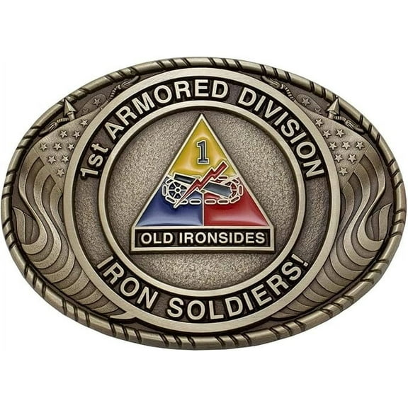 Indiana Metal Craft US Army 1st Armored Division Double USA Flag Solid Brass Buckle with Belt - MADE IN USA