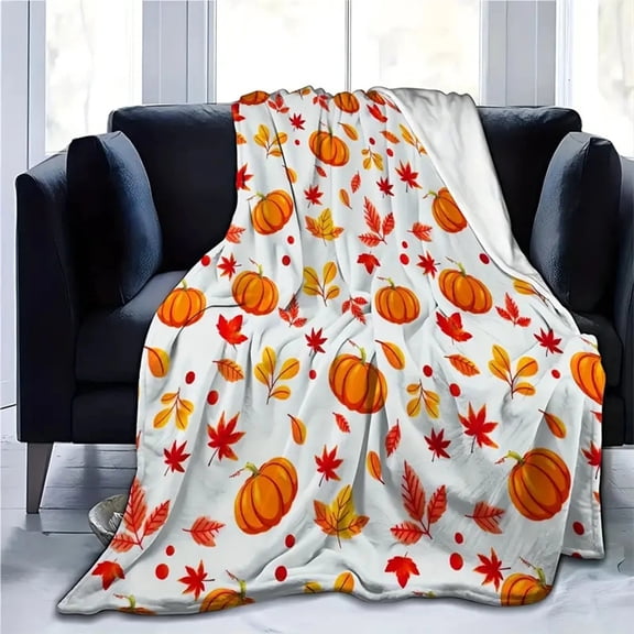 Halloween Pumpkin Blanket Fall Throw Blanket, Flannel Blanket with Maple Leaf Printed Design, Soft Cozy Cover for Sofa Couch Bed Living Room Seasonal Home Decor,Yellow