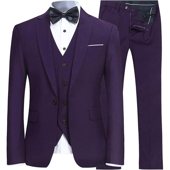 YFFUSHI Men's Slim Fit 3 Piece Suit One Button Business Wedding Prom Suits Blazer Tux Vest Trousers Purple Small