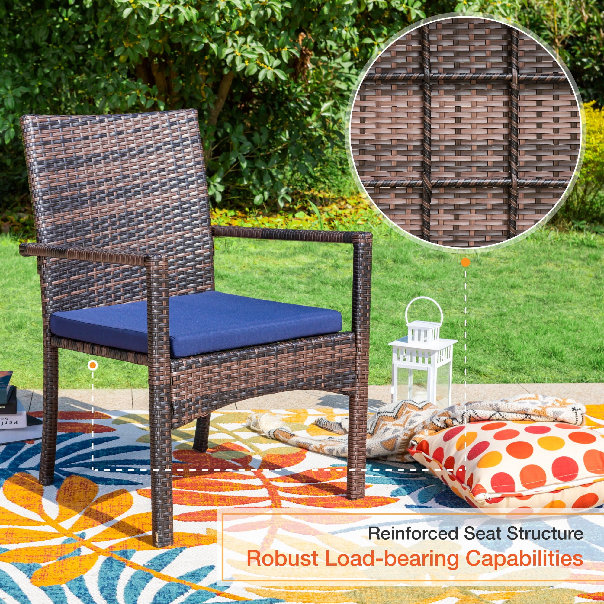 Alpha Joy 8 Pieces Outdoor Patio Dining Set with Cushioned Rattan Chairs, Metal Table & 13 ft Navy Umbrella for 6