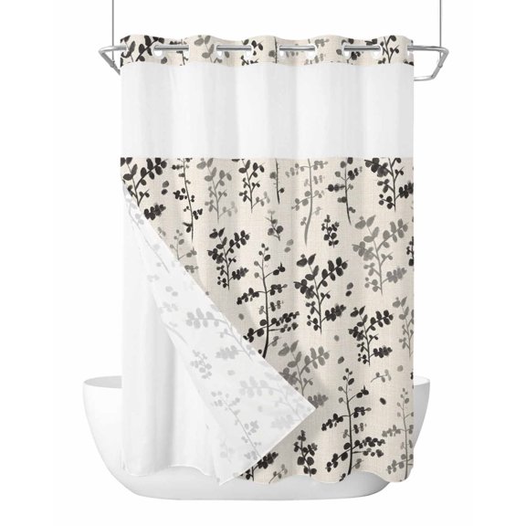 No Hook Shower Curtain with Snap-in Liner, Black Grey Botanical Waterproof Fabric Bathroom Curtains, Rustic Country Spring Floral Summer Leaf Bath Curtains & Mesh Top Window 72"x96" Extra Long