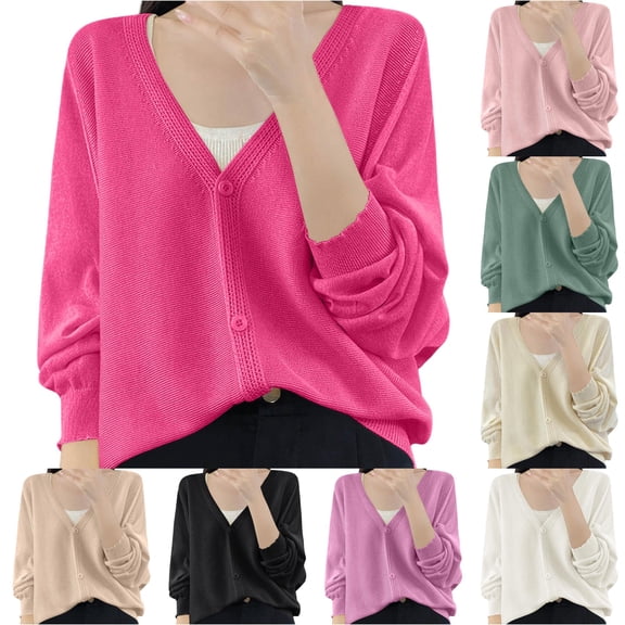 Rggeeun Cardigan Sweaters for Women Fall Cardigans Button Down Knit Tops V Neck Long Sleeve Soft Clothes Office Wear Elegant,Pink,2XL