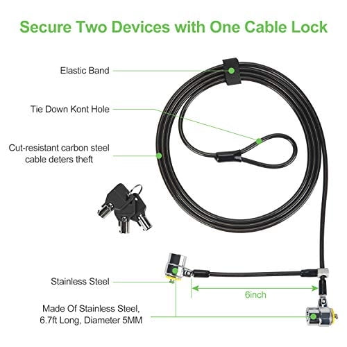 LORADAR Candado de Doble Cable para Laptops,Monitor 3 Llaves 6.7Foot L