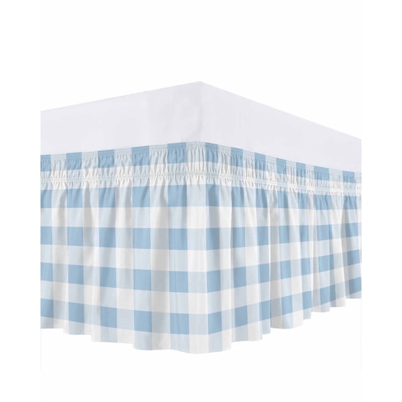 Blue Checkered Bed Skirt King Size, Blue White Buffalo Plaid Wrap Around Bed Skirting with Adjustable Elastic Strap, Dust Ruffle Pleated Bedskirts 16 Inch Drop for Bedroom King Beds